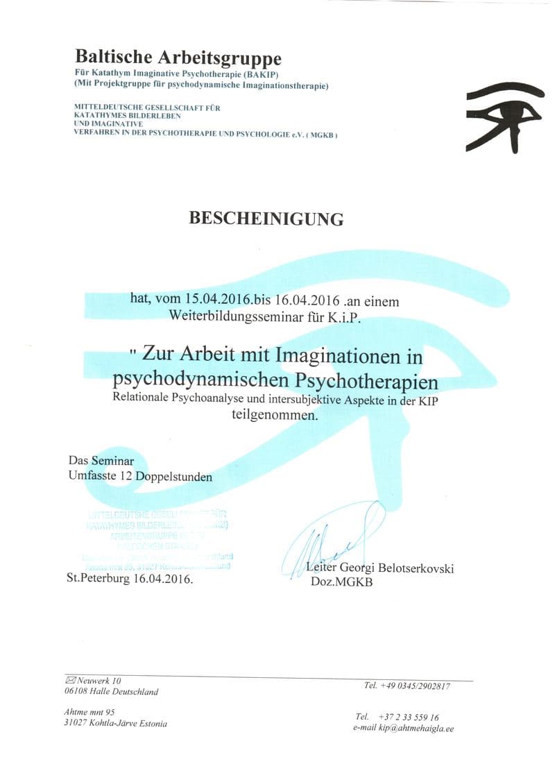 Bescheinigung Baltische Arbeitsgruppe für Katathym Imaginative Psychotherapie, 2016
